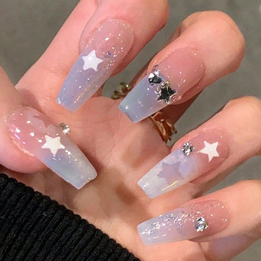 Starry Night Long Coffin Translucent Press On Nails with Glitter and Star Accents