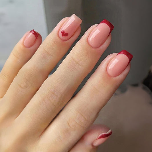 Sweetheart Short Square Baby Pink Press On Nails with Romantic Red Tips and Heart Detail