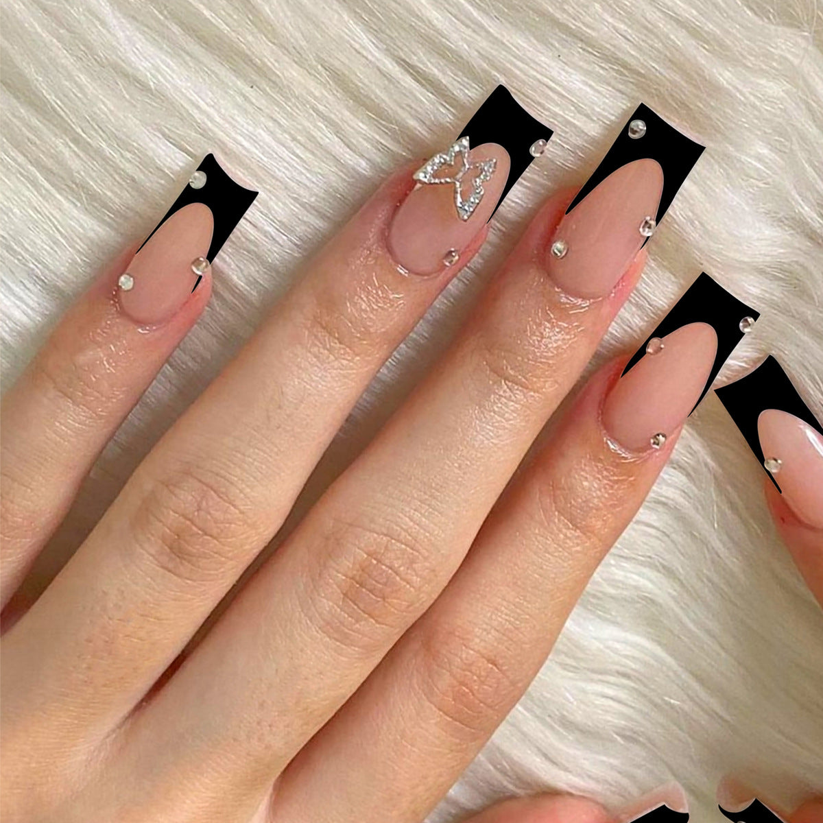 Modern Elegance Long Square Beige Press On Nail Set with Black French Tips and Rhinestone Hearts