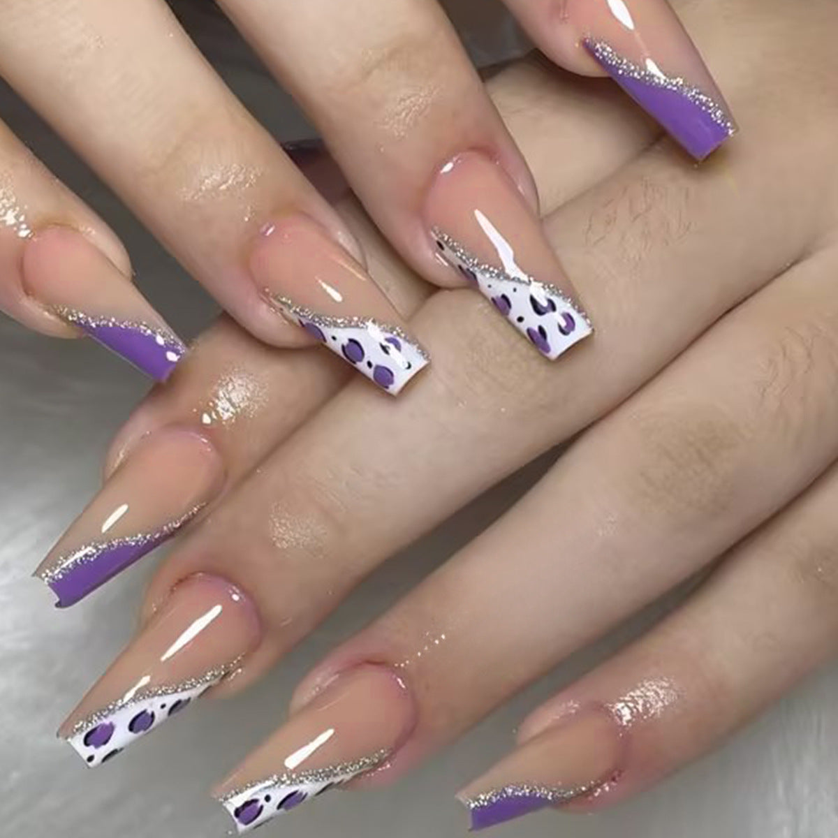 Lavender Dreams Long Coffin Beige with Purple Tips Press On Nail Set with Silver Glitter and Polka Dot Accents