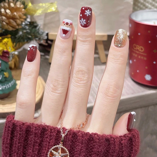 Yuletide Celebration Medium Square Burgundy Press On Nail Set with Snowflake and Santa Accents