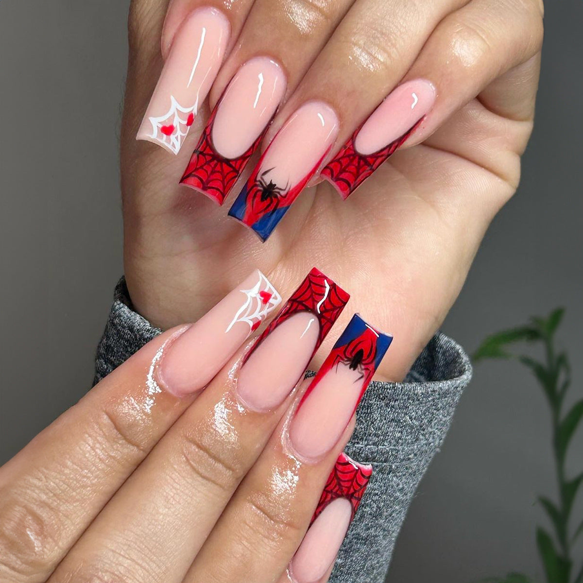 Superhero Flair Medium Square Beige Press-On Nails with Red Web and Spider Accents