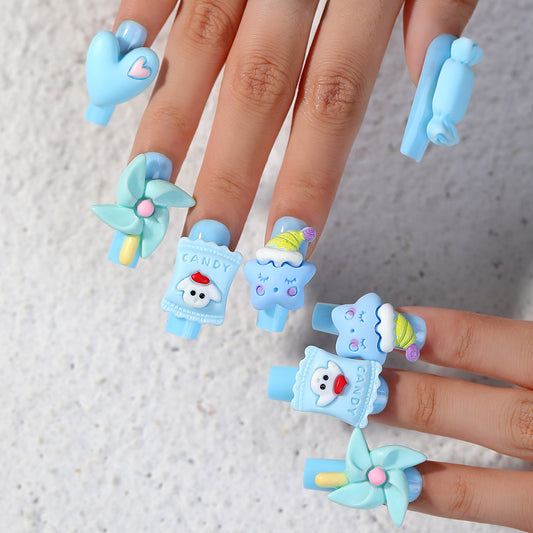 Playful Blue Skies Long Coffin Press-On Nail Set in Pastel Blue with 3D Cloud and Candy Charms