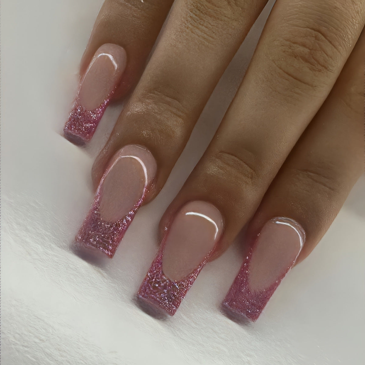 Sparkling Pink Champagne Long Square Beige Press-On Nail Set with Glitter Gradient Tips