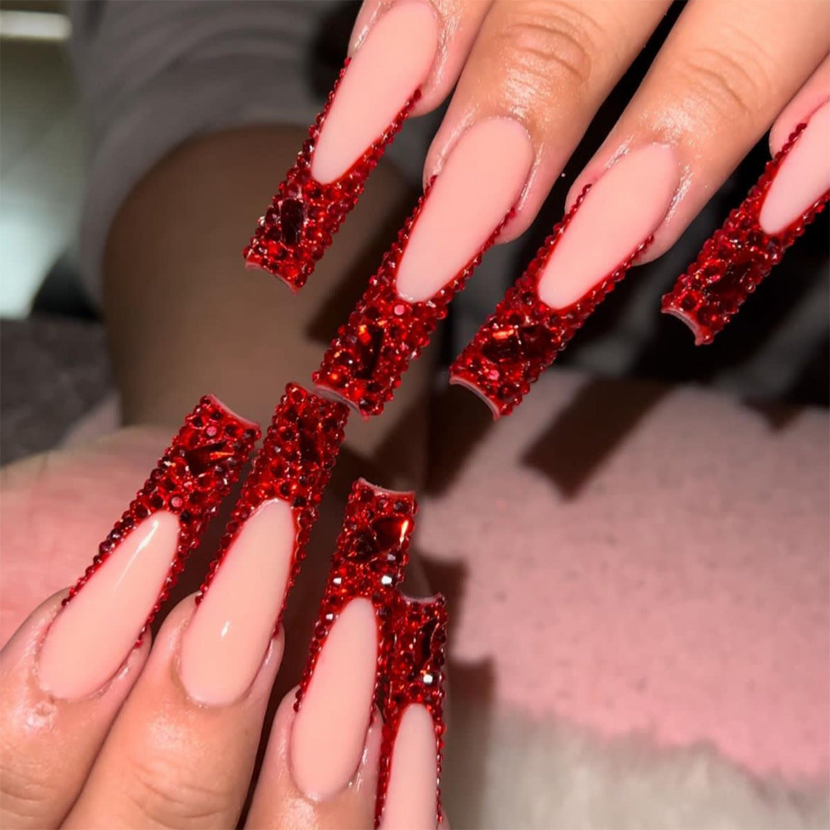 Radiant Ruby Extra Long Square Beige Press On Nails with Red Crystal Embellishments