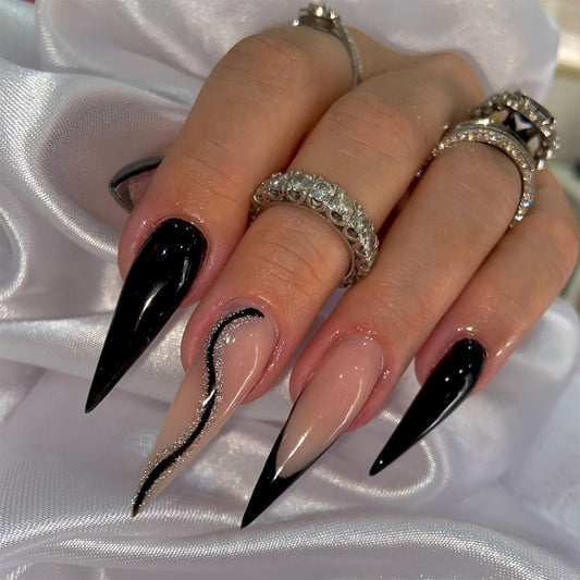 Seductive Swirl Extra Long Stiletto Black and Beige Press On Nails with Glitter Accent