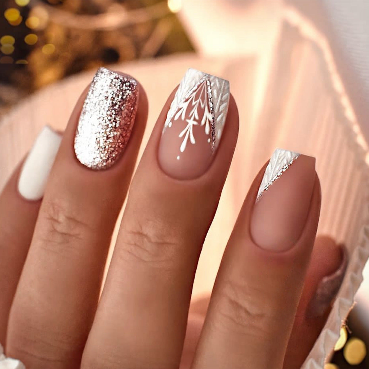 Winter Sparkle Medium Square Beige Press On Nails with Silver Glitter and Snowflake Design