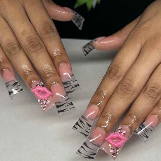 Safari Adventure Extra Long Duck Pink and Black Zebra Print Press On Nails with 3D Lip Art Accents