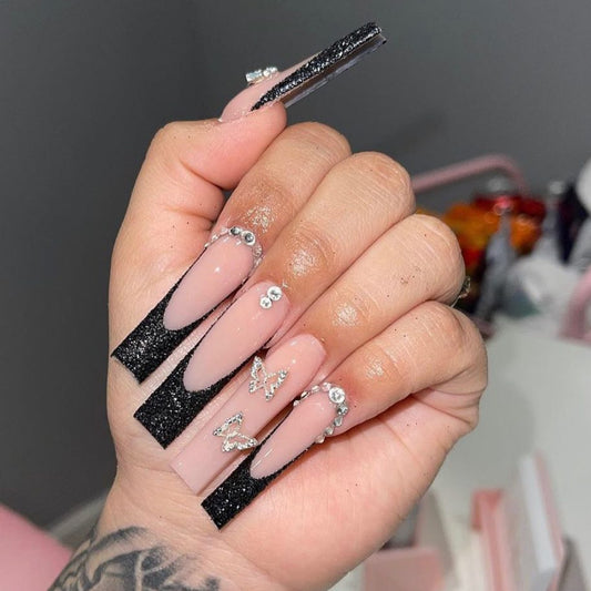 Glamour Night Long Square Press On Nail Set, Beige Pink with Glittering Black Tips and Silver Rhinestone Accents