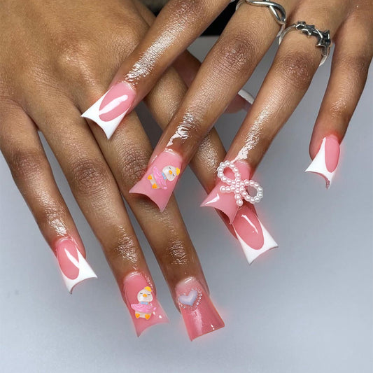 Whimsical Charm Long Duck Baby Pink Press-on Nails with Playful Duck Accents and Pearl Embellishments