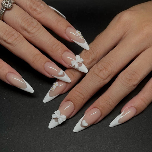 Elegant Affair Long Almond Beige Press On Nails with White 3D Flower Art and Pearl Accents