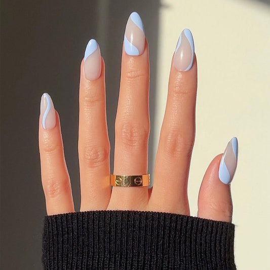 Minimalist Chic Long Almond Press-On Nail Set in Beige with Sky Blue French Tips