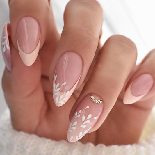 Bridal Bliss Medium Almond Beige Press On Nails with White Floral Art Design