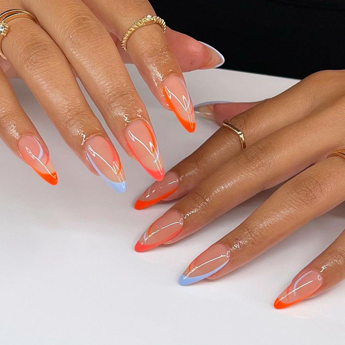 Sunset Glow Long Almond Orange to Blue Gradient Press On Nail Set with White Line Accents