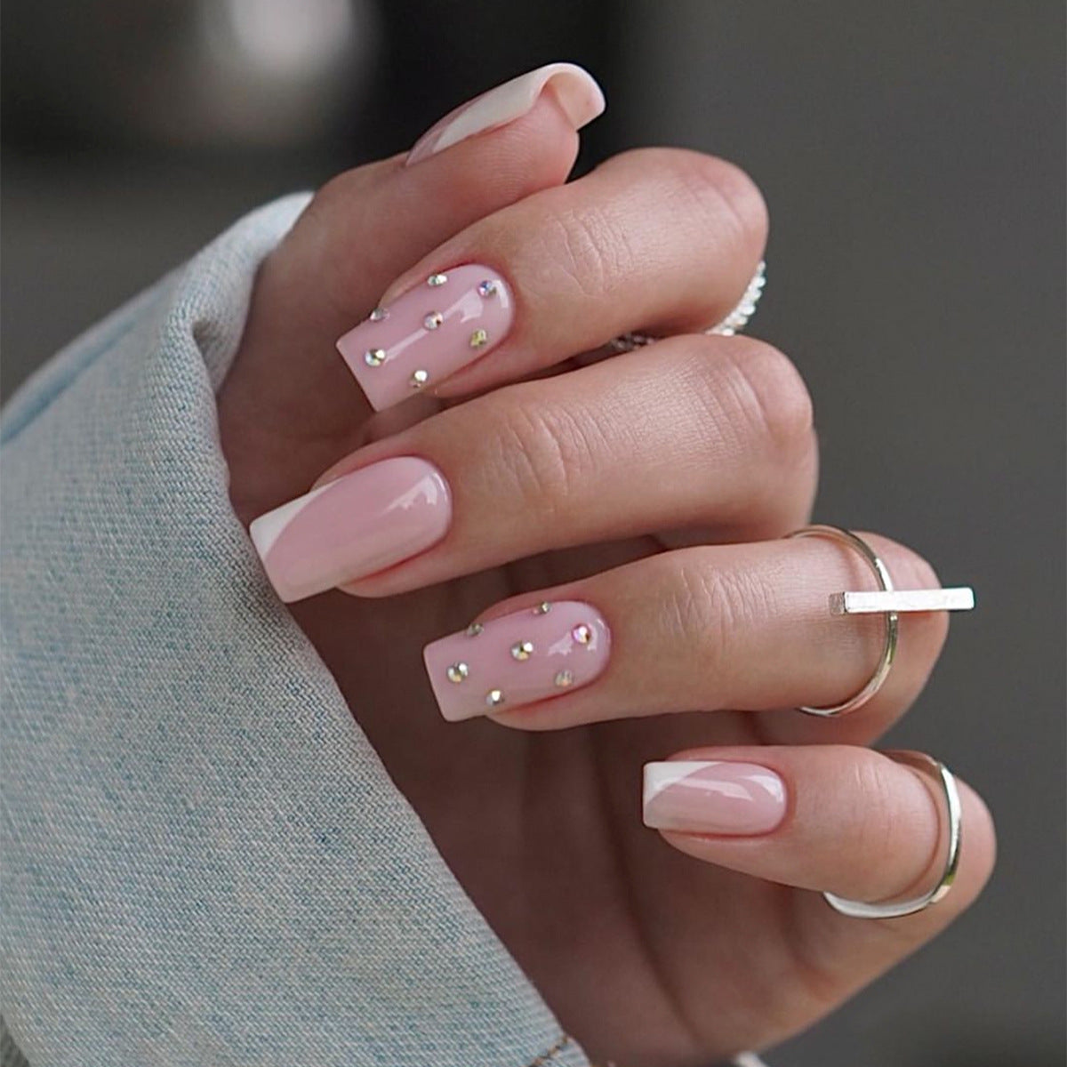 Sophisticated Sparkle Medium Square Press-On Nail Set in Pale Pink with Pearl and Gold Bead Accents