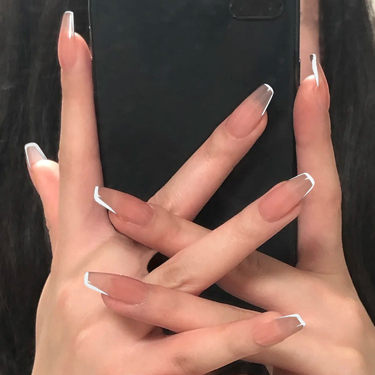 Minimalist Chic Extra Long Coffin Beige Press On Nails with White Outline Detail