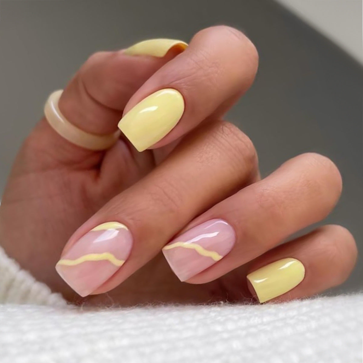 Lemon Sorbet Medium Square Pastel Yellow and Pink Press On Nail Set with Gold Wave Accents