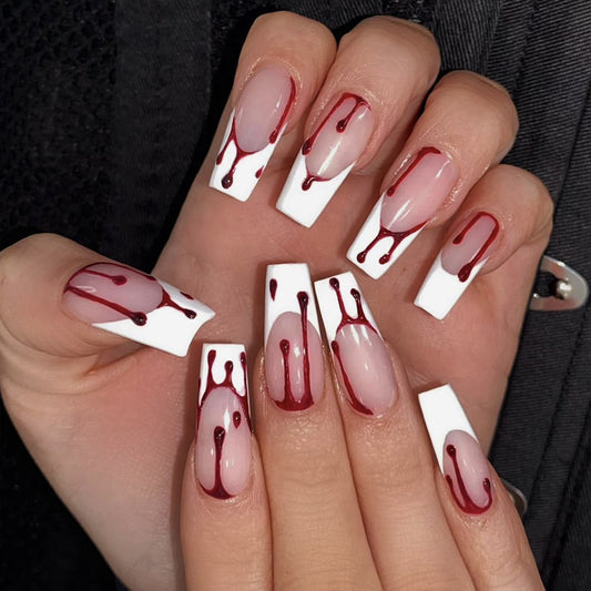 Mystery Thriller Long Coffin White Press On Nails with Dripping Blood Effect