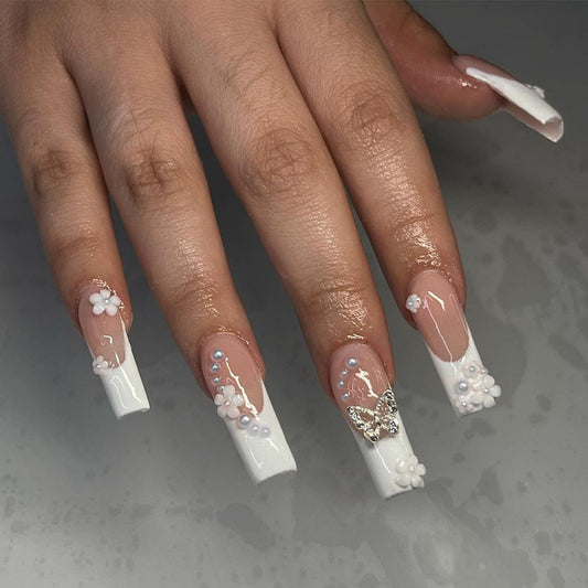 Winter Whimsy Long Coffin White Press-On Nails with Delicate Floral Accents and Rhinestone Clusters