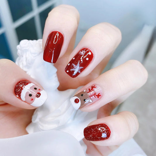 Festive Holiday Medium Squoval Red Press-On Nail Set with Snowflake and Character Art Designs