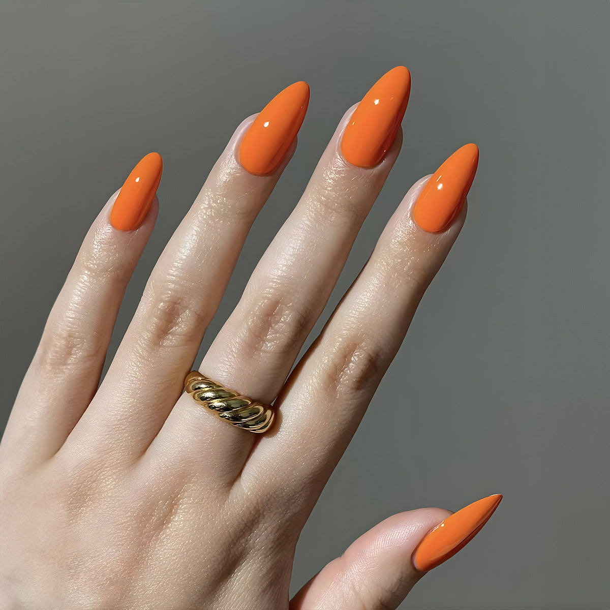 Tangerine Dream Long Almond Vibrant Orange Press On Nail Set with Glossy Finish