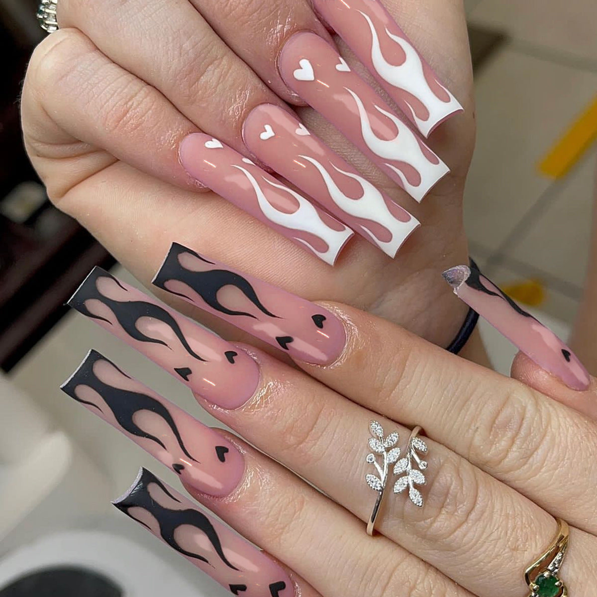 Love Drip Extra-Long Coffin Press-On Nail Set in Pink and Black with Heart Patterns