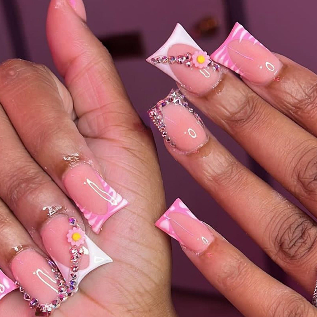 Summer Fun Long Duck Baby Pink Press On Nails with 3D Flower Charms and Rhinestone Embellishments