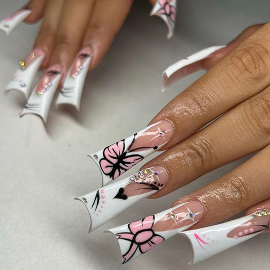 Floral Fantasy Extra Long Duck Press On Nails in White with Pink Flower Design and Rhinestone Detailing