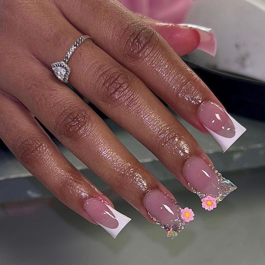 Spring Fling Medium Length Duck Baby Pink Press On Nails with Floral Art and Crystal Accents