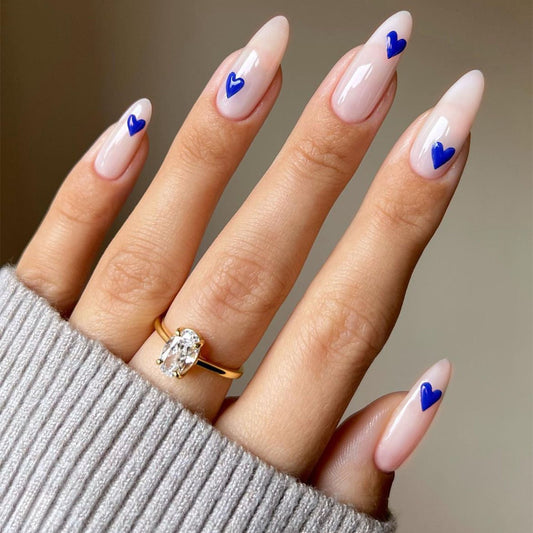 Enchanted Long Almond Beige Press-On Nails with Royal Blue Heart Accents