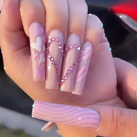 Romantic Long Square Lavender Press-On Nails with Heart Design and Rhinestone Embellishments