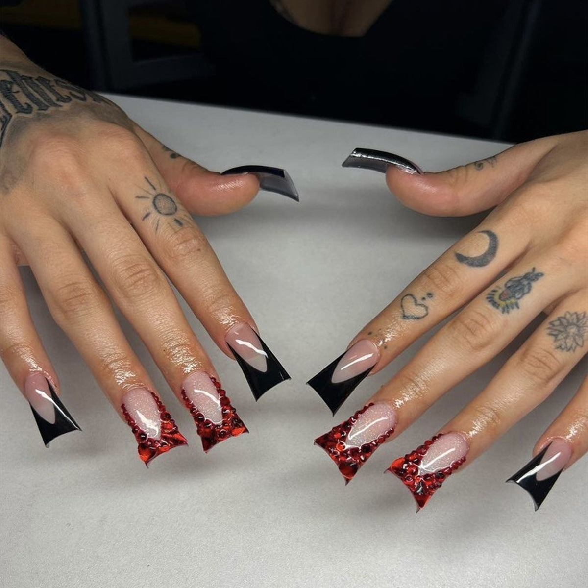 Vampiress Edge Extra Long Stiletto Press On Nail Set, Sheer Beige with Black Chevron Tips and Red Glitter Accents