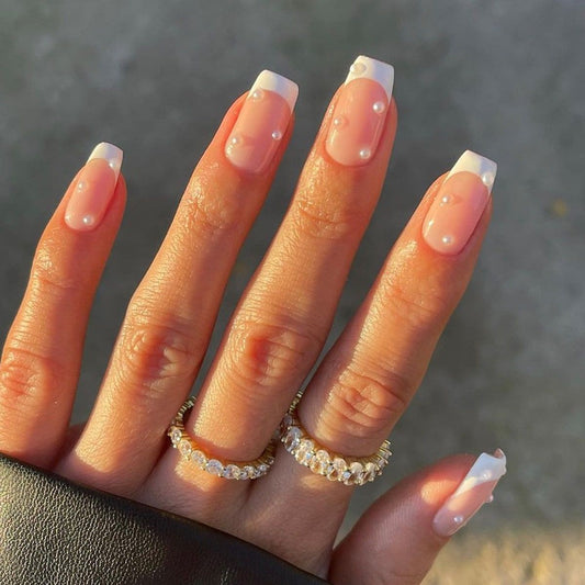 Sunset Glow Medium Square Press On Nail Set with Beige Base and Classic White Tips with Pearl Accents