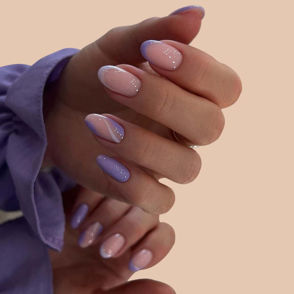 Lavender Dreams Medium Almond Press-On Nail Set in Pastel Purple with Rhinestone Accents