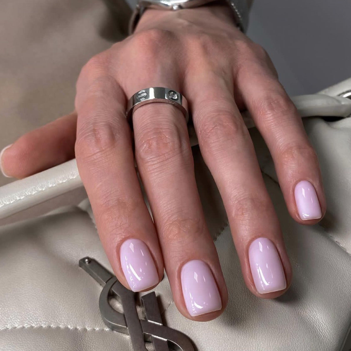 Sophisticated Sheen Short Square Soft Lilac Press On Nail Set with High Gloss Finish