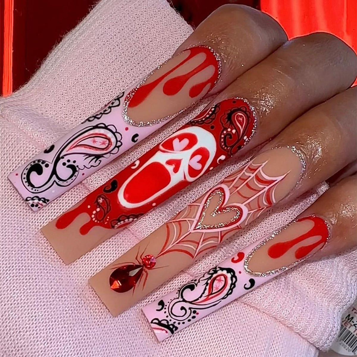 Valentine's Day Romance: Extra Long Square Red and White Press-On Nails with Swirl Accents and Crystals