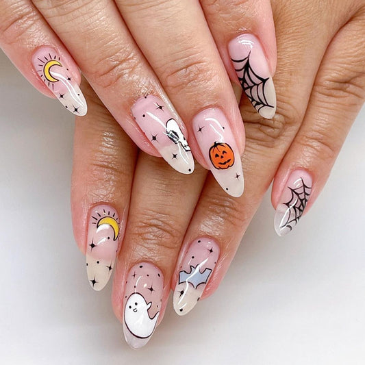 Spooky Elegance: Long Almond Pastel Pink Press-On Nails with Halloween Accent Art