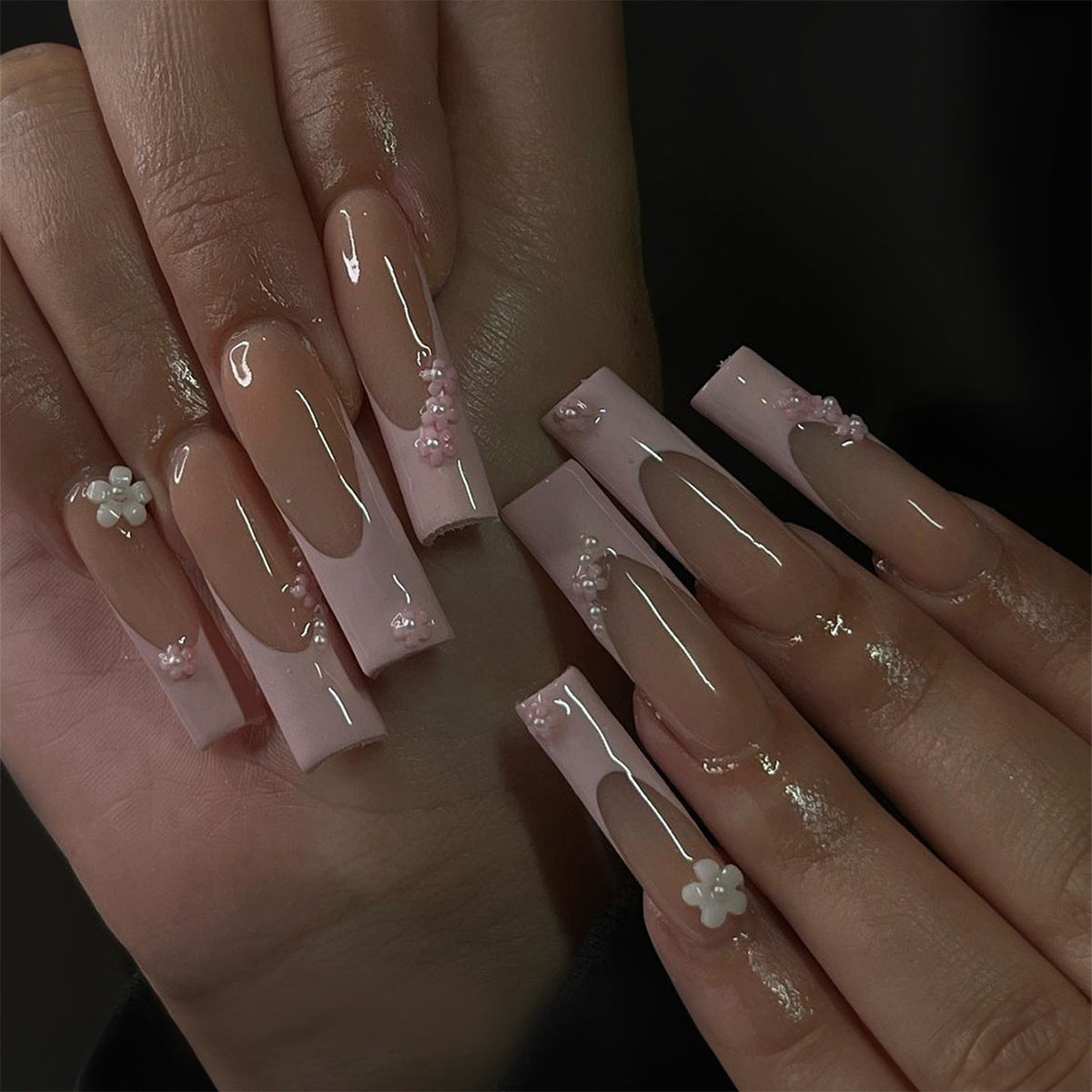 Elegant Long Square Beige Press-On Nails with Floral and Pearl Embellishments