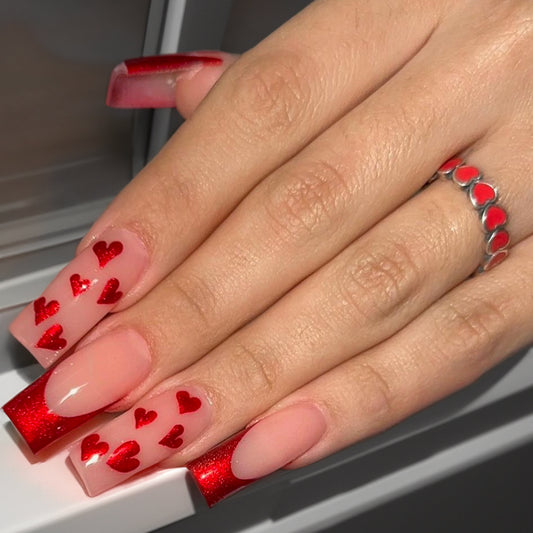 Romantic Affair Long Square Beige Press On Nails with Red Glitter Hearts and French Tips