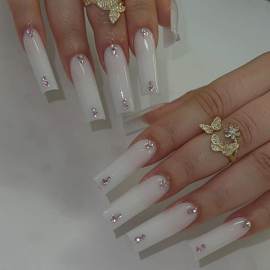 Starry Night Extra-Long Coffin Press-On Nail Set in Sheer White with Pink Crystal Accents