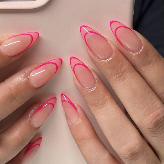 Vibrant Vibe Medium Almond Beige with Neon Pink Outline Press On Nail Set