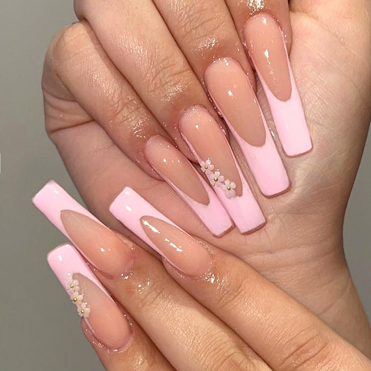 Delicate Extra Long Coffin Baby Pink Press-On Nails with Transparent Tips and Floral Bead Accents