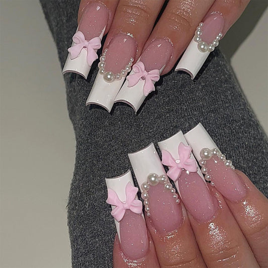 Enchanted Garden Long Square White and Pink Press On Nail Set with 3D Bows and Pearls Accents