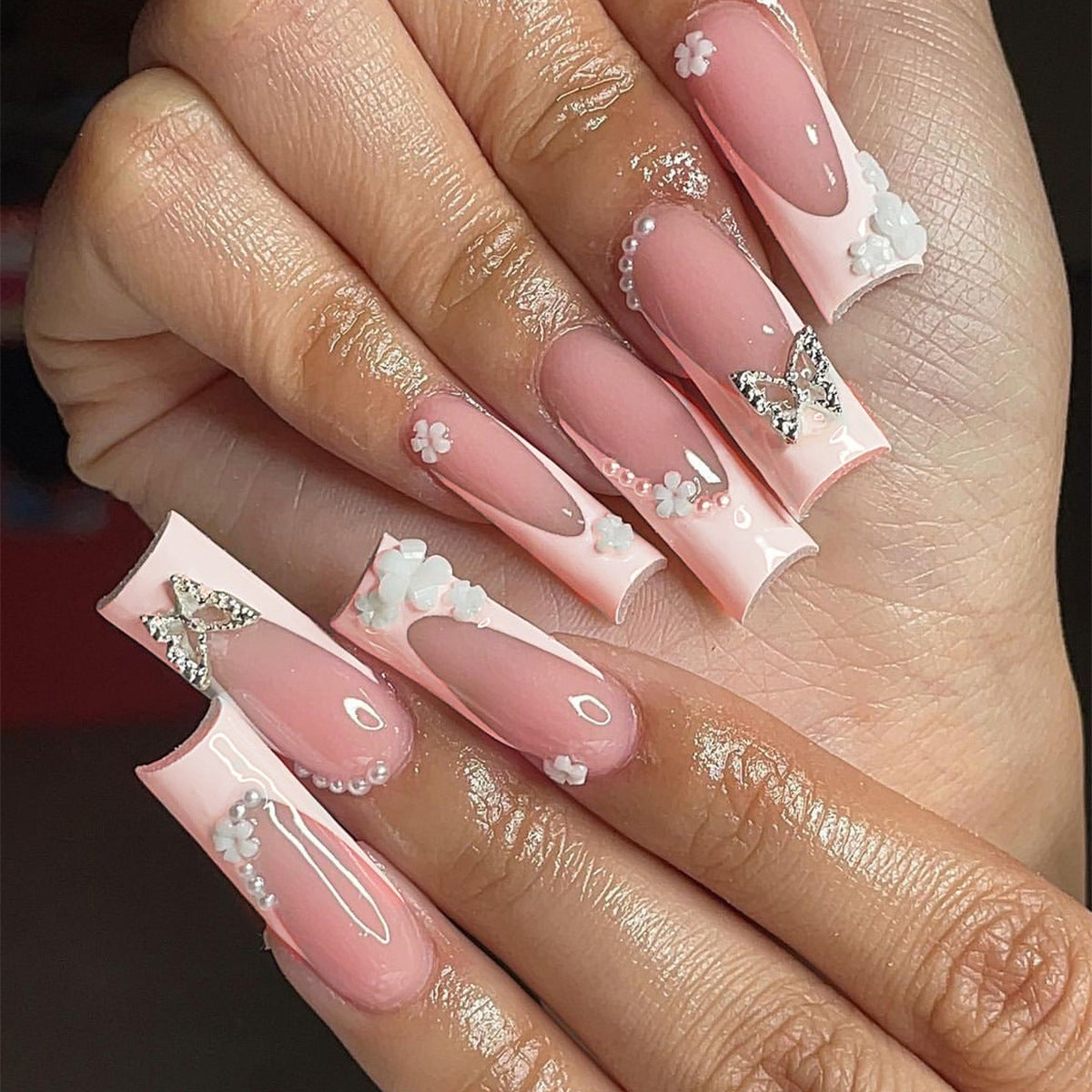 Fairytale Long Square Baby Pink Press On Nails with 3D Flower and Rhinestone Accents