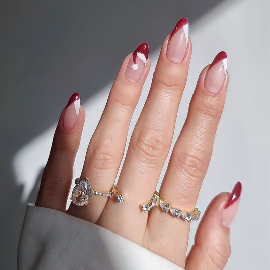 Romantic Rouge Long Almond French Tip Press On Nails with Deep Red Accents