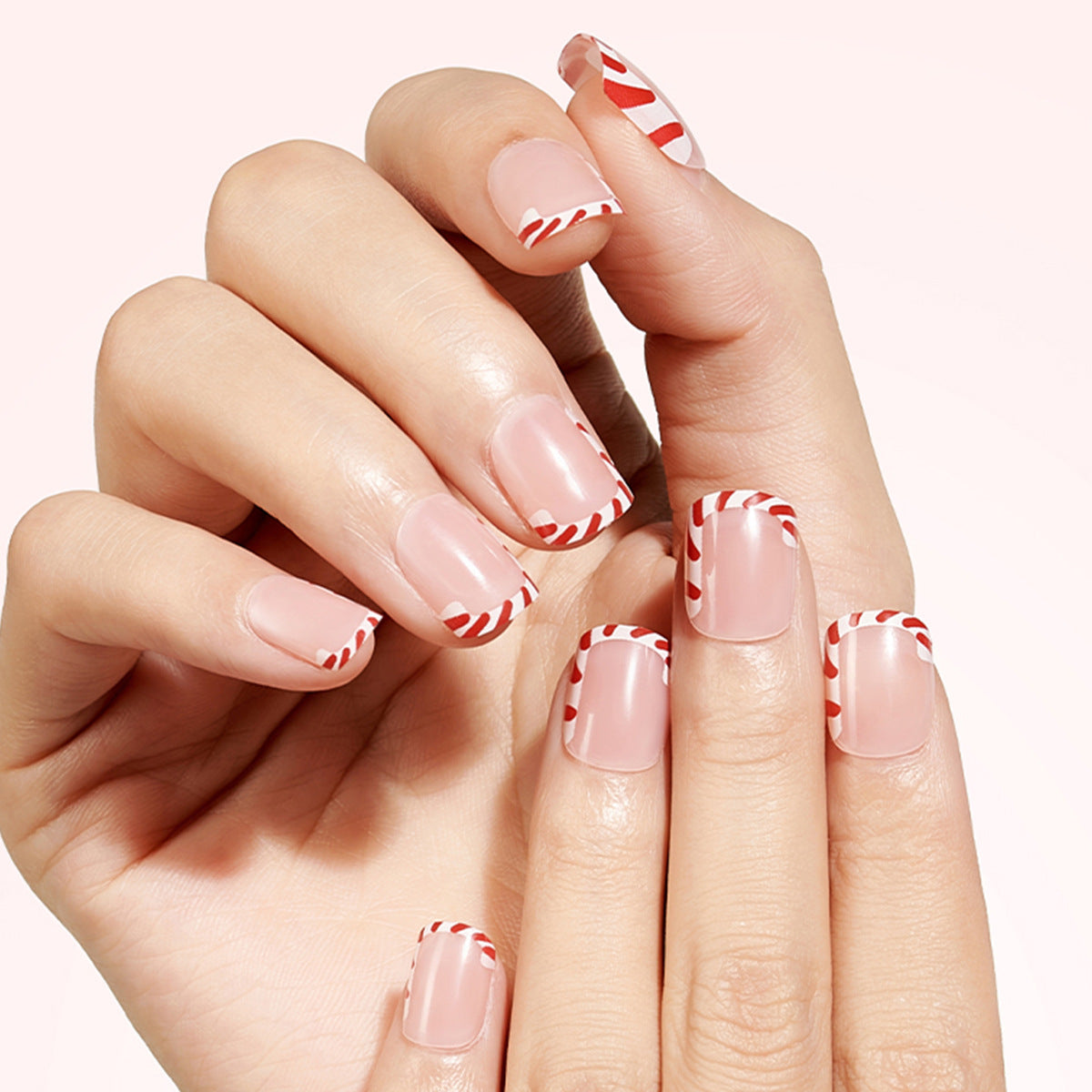 Candy Cane Charm Short Square Pink Stripe Accent Press-On Nail Set