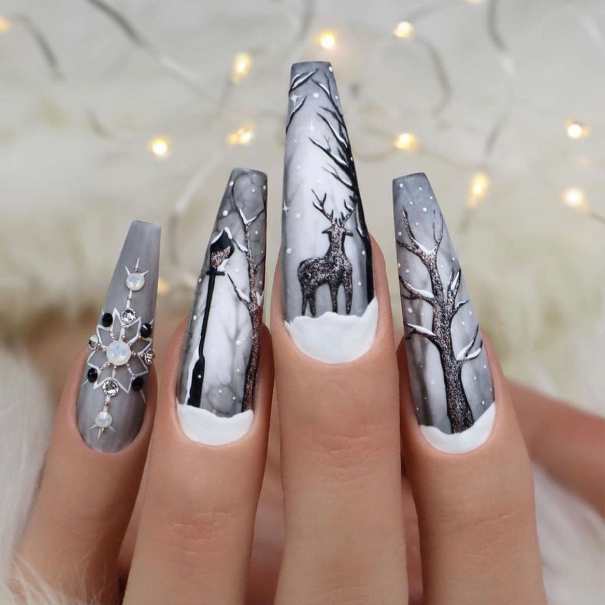 Winter Wonderland Extra Long Coffin Grey Press On Nails with Snowy Deer Scenery