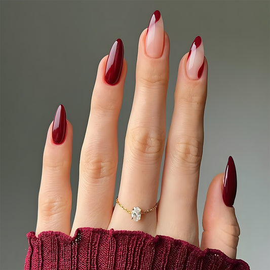 Vintage Vino Long Almond Press-On Nail Set in Deep Burgundy with Elegant French Tips