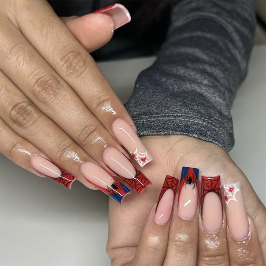 Superhero Swing Long Square Press On Nail Set in Beige with Red Webbed Accent Nails