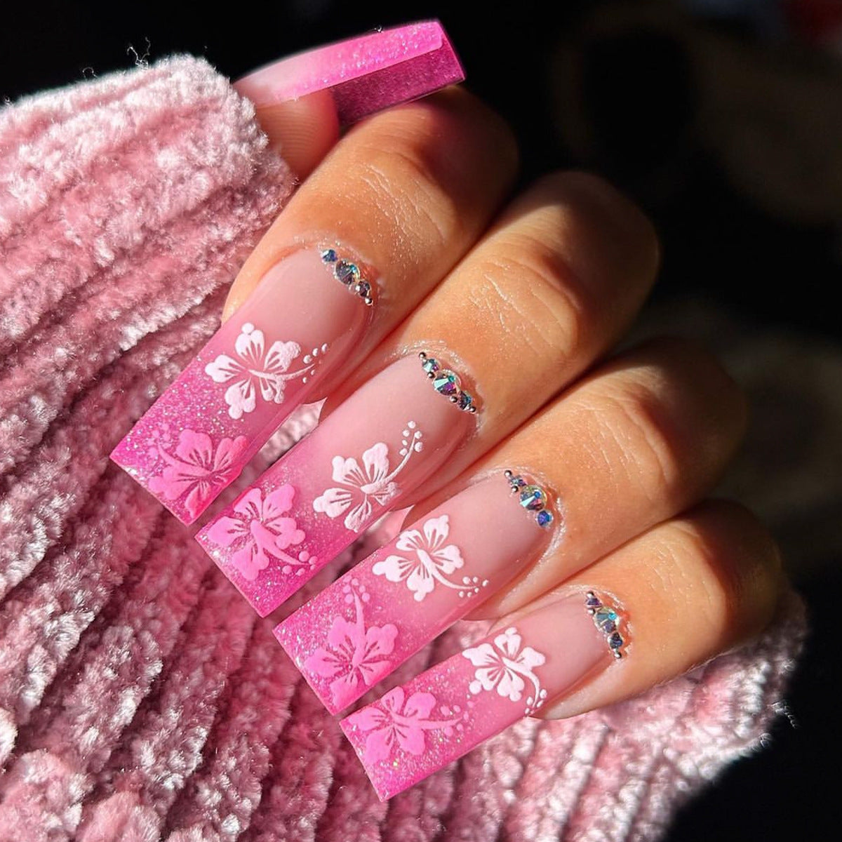 Blossoming Beauty Long Square Press On Nail Set with Hot Pink Glitter, Floral Design and Rhinestone Embellishments